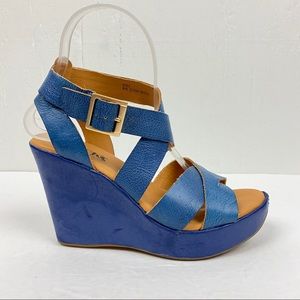 Kork Ease Blue Strappy Leather Wedge Sandals